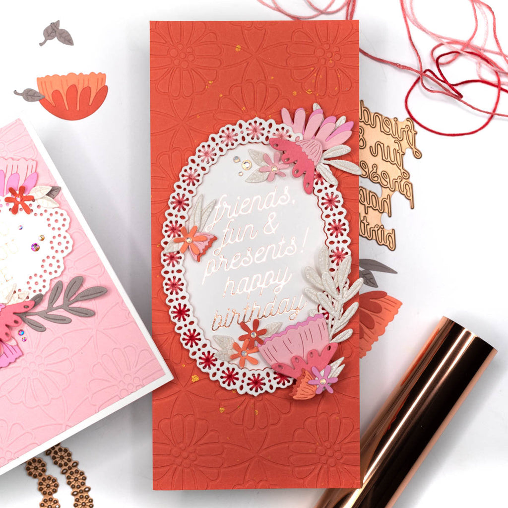 Anytime Glimmer Sentiments - Glimmer Hot Foil Kit of the Month (GOM-FEB22) Friends Fun Presents Happy Birthday slimiline card. 